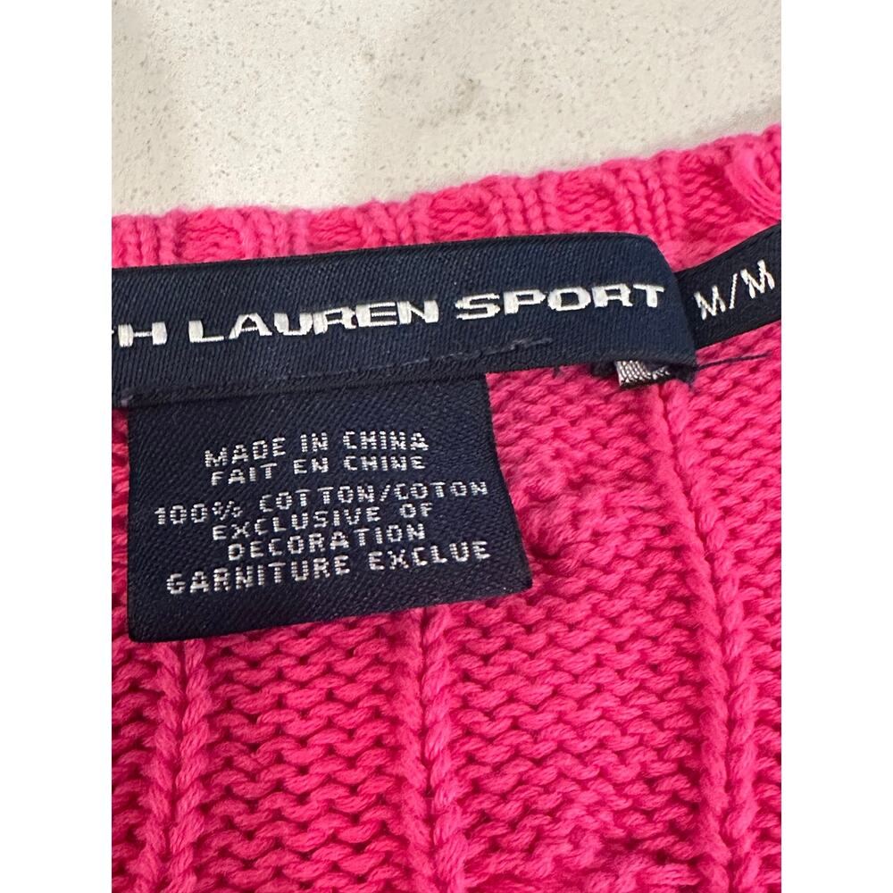 Ralph Lauren Sport Womens M Pink Cable Knit V Neck Cotton Sweater Preppy Pony - Picture 2 of 8